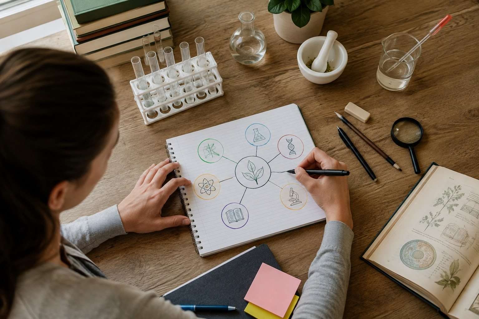 Materiales de ciencias junto a una libreta para comparar distintas carreras